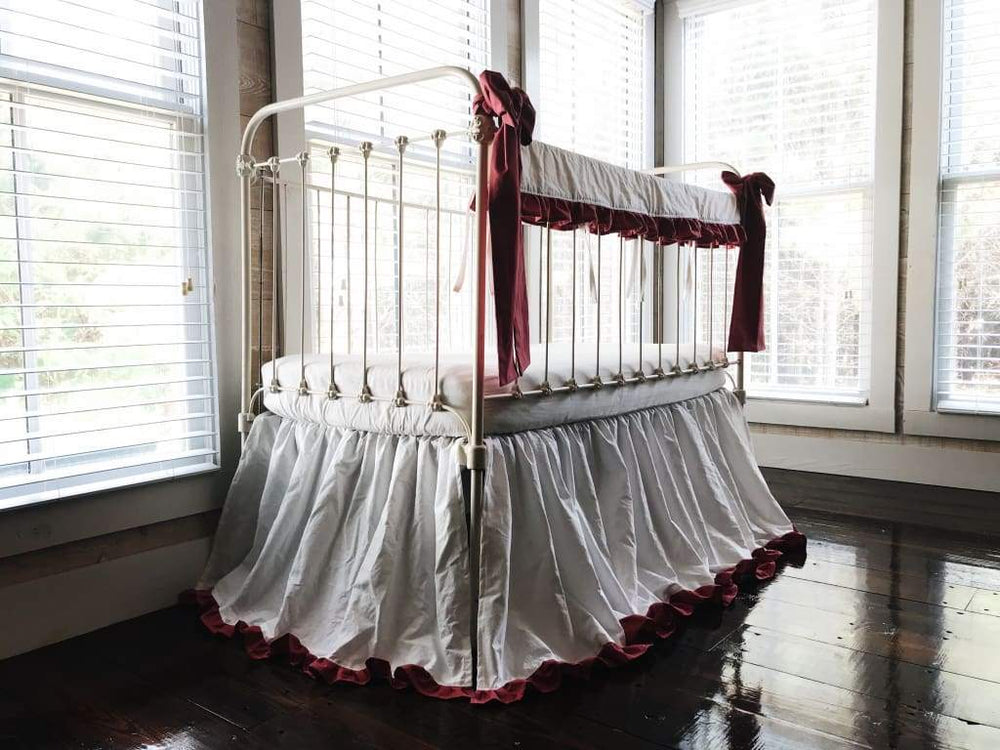White and Blush Ruffled Crib Rail Cover and Skirt Set with Bows handmade heirloom nursery - High Cotton Textile