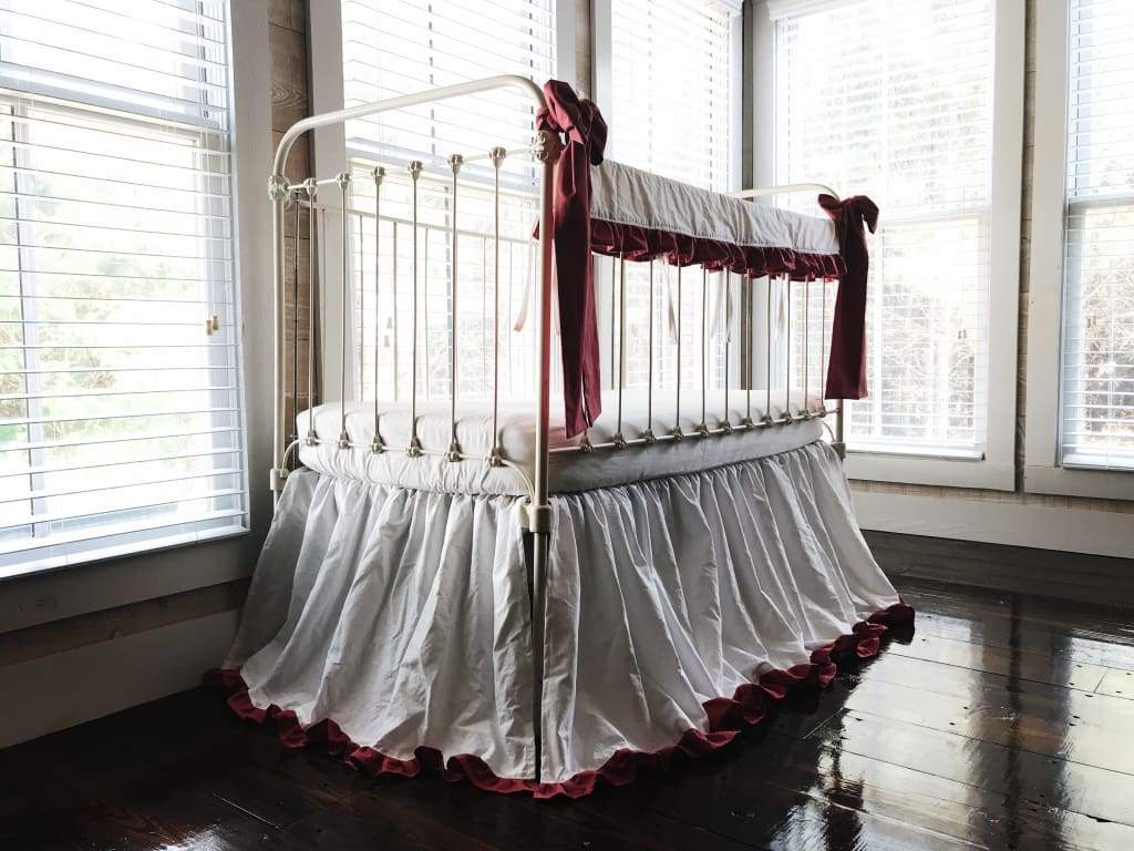 White and Blush Ruffled Crib Rail Cover and Skirt Set with Bows handmade heirloom nursery - High Cotton Textile