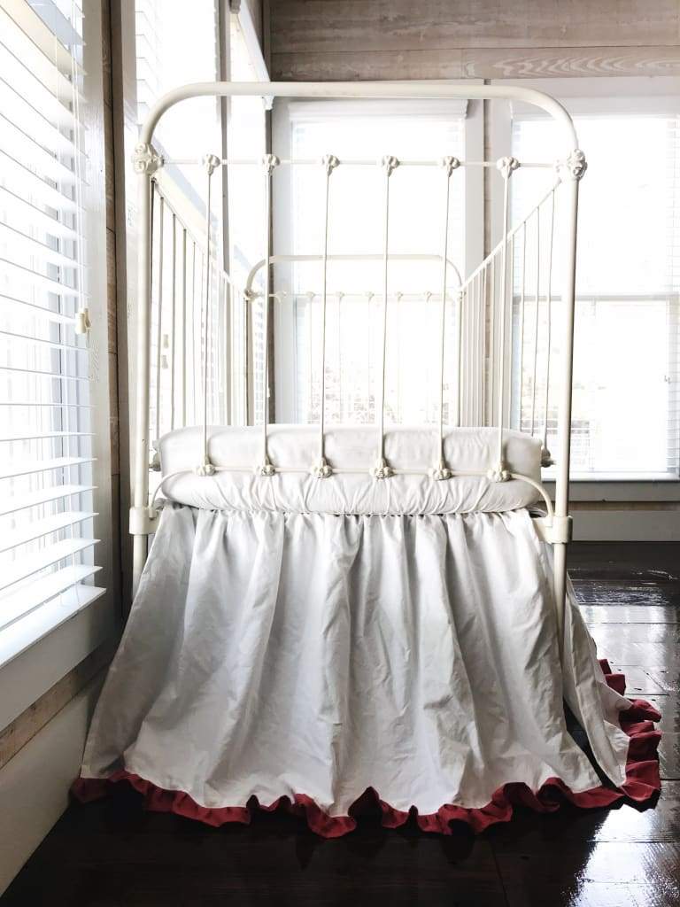 White and Blush Ruffled Crib Skirt handmade heirloom nursery - High Cotton Textile