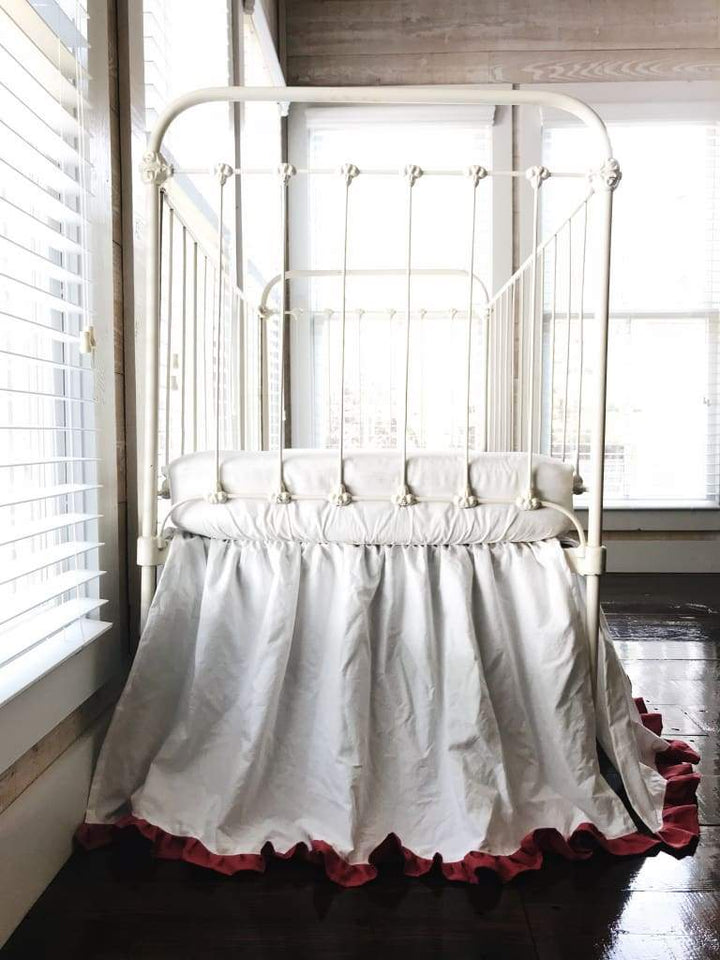 White and Blush Ruffled Crib Skirt handmade heirloom nursery - High Cotton Textile