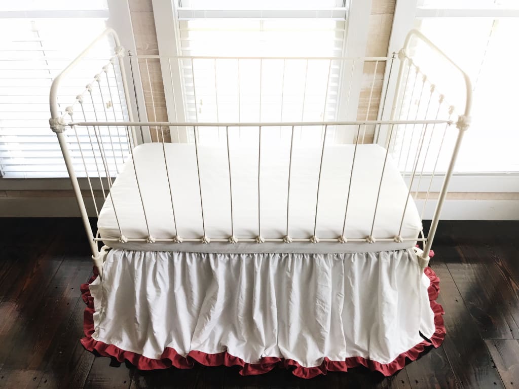 White and Blush Ruffled Crib Skirt handmade heirloom nursery - High Cotton Textile