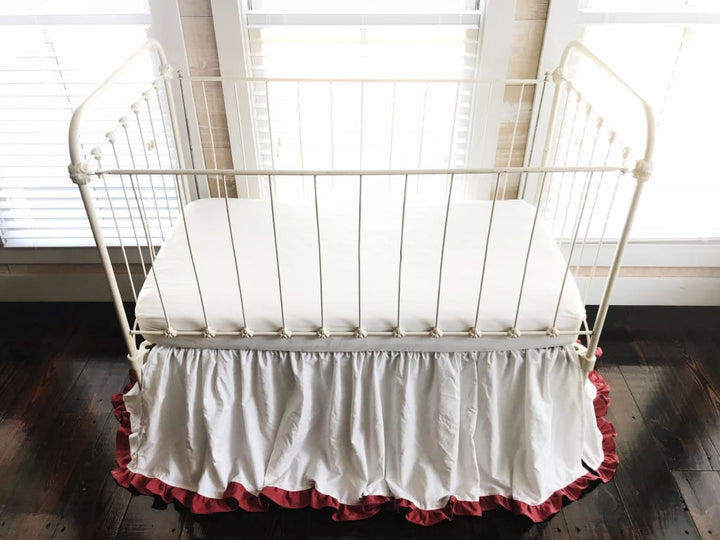 White and Blush Ruffled Crib Skirt handmade heirloom nursery - High Cotton Textile