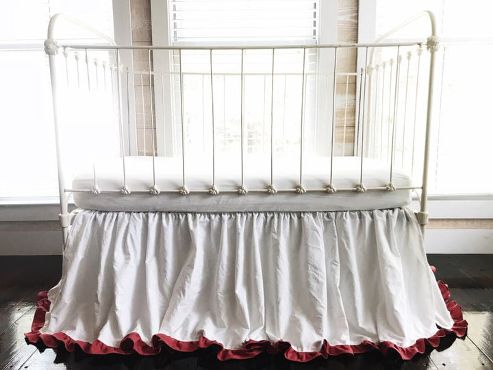 White and Blush Ruffled Crib Skirt handmade heirloom nursery - High Cotton Textile