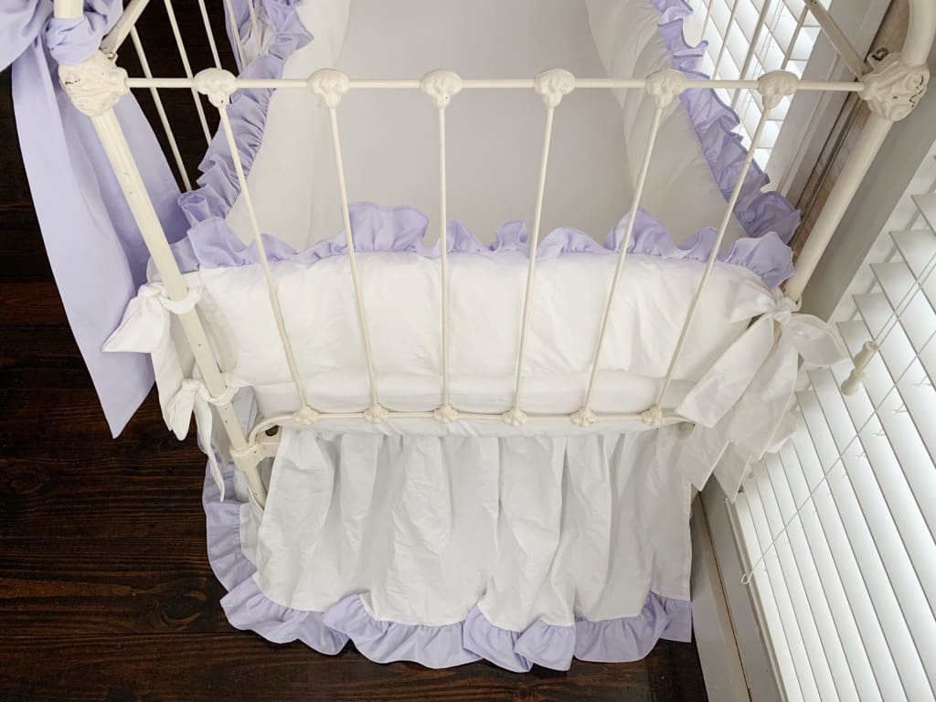 White and Lavender Baby Girl Ruffled Crib Bedding Set with Large Crib Bows