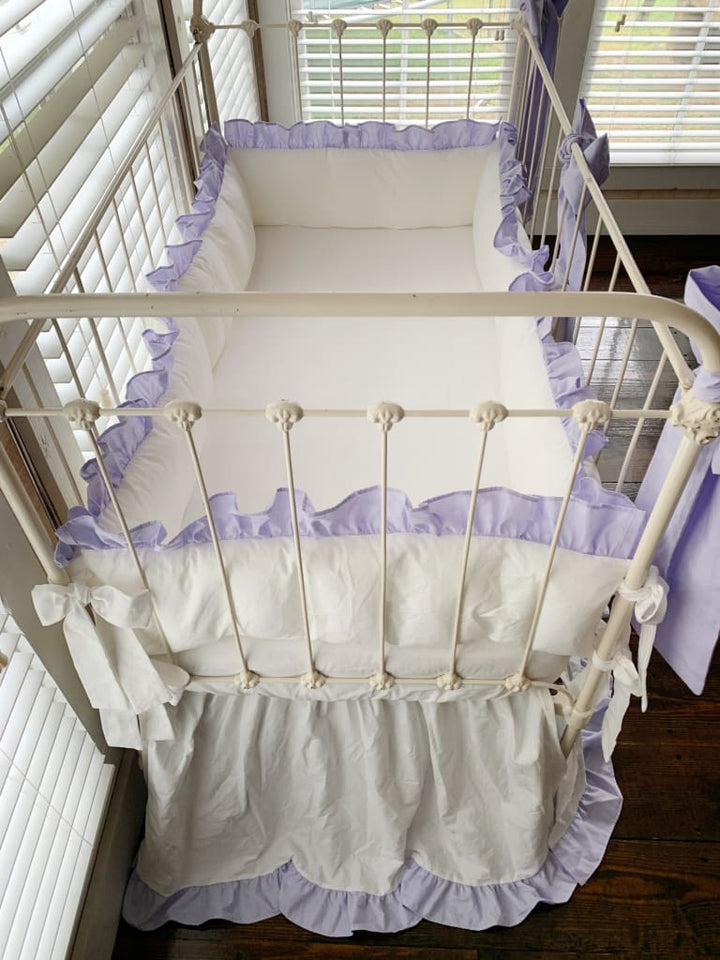 White and Lavender Baby Girl Ruffled Crib Bedding Set with Large Crib Bows
