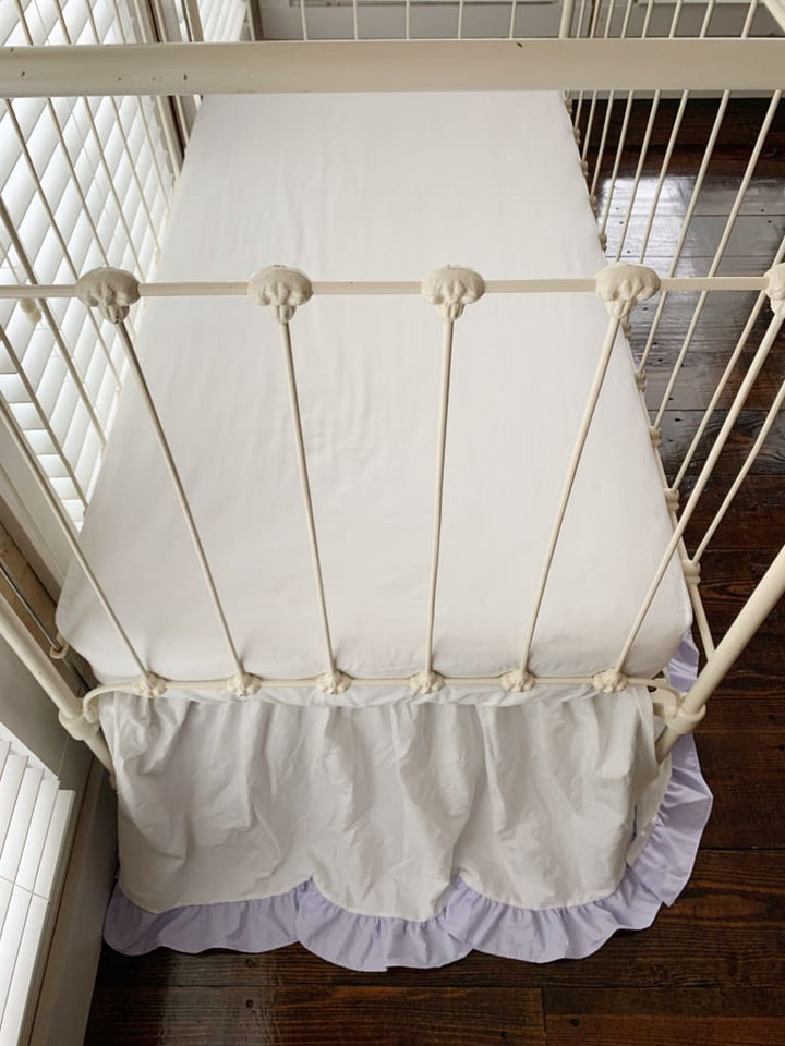 White and Lavender Ruffled Crib Skirt handmade heirloom nursery - High Cotton Textile