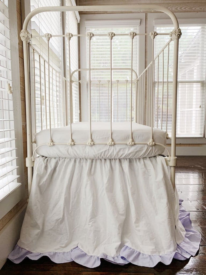 White and Lavender Ruffled Crib Skirt handmade heirloom nursery - High Cotton Textile