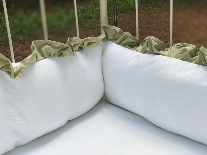 White and Sage Ruffled Crib Bedding Set + Large Crib Bows
