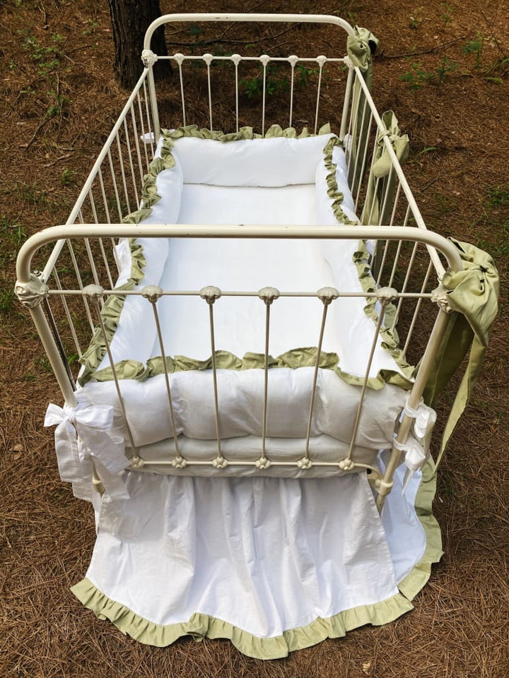White and Sage Ruffled Crib Bedding Set + Large Crib Bows