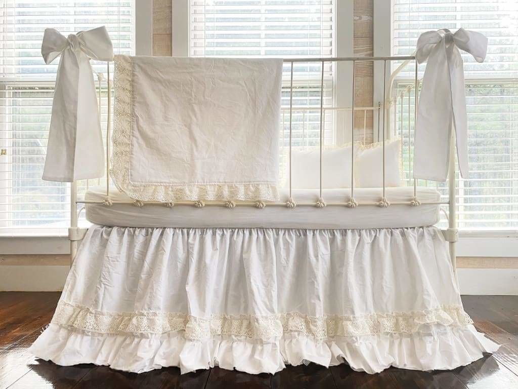 White Lace Crib Bedding Set handmade heirloom nursery - High Cotton Textile