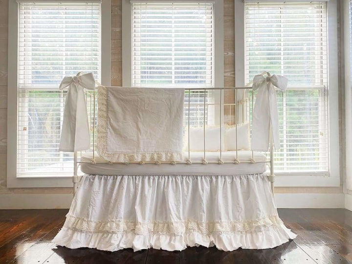 White Lace Crib Bedding Set handmade heirloom nursery - High Cotton Textile