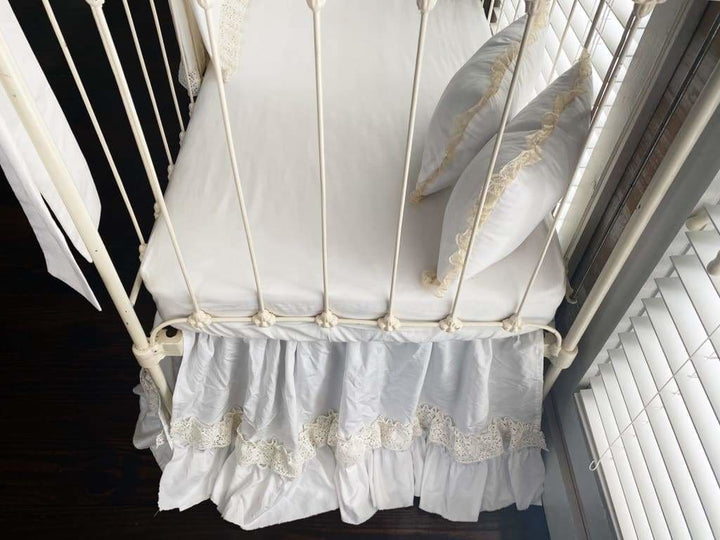 White Lace Crib Bedding Set handmade heirloom nursery - High Cotton Textile