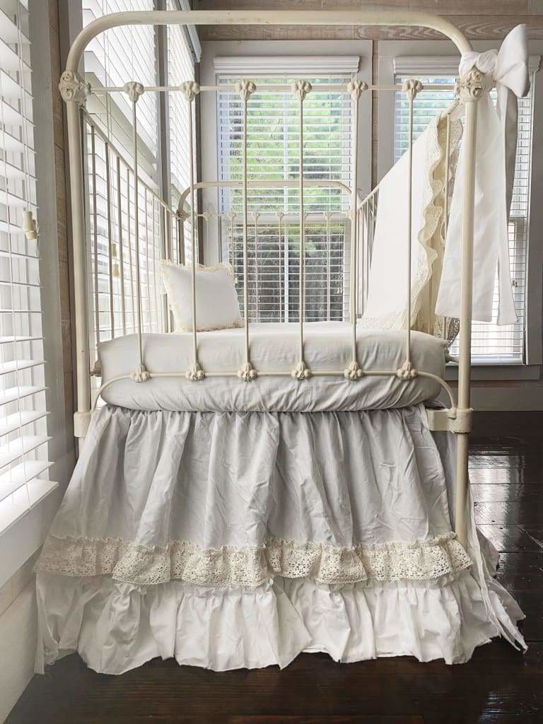 White Lace Crib Bedding Set handmade heirloom nursery - High Cotton Textile