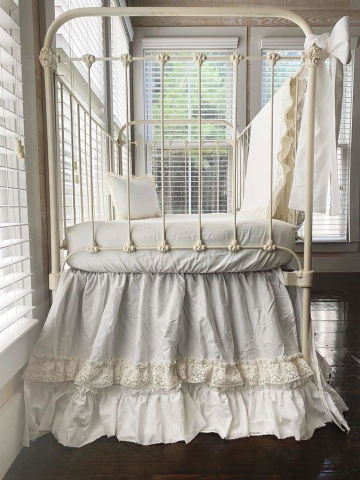 White Lace Crib Bedding Set handmade heirloom nursery - High Cotton Textile