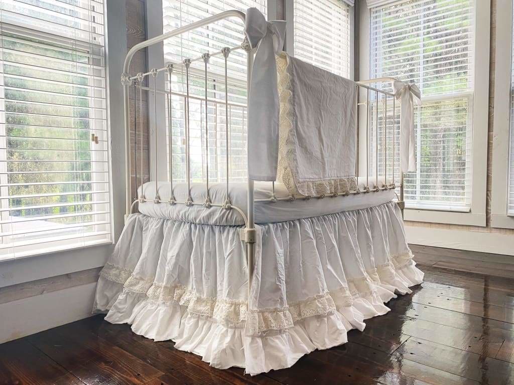 White Lace Crib Bedding Set handmade heirloom nursery - High Cotton Textile