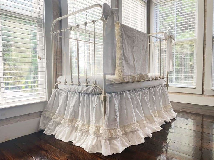 White Lace Crib Bedding Set handmade heirloom nursery - High Cotton Textile