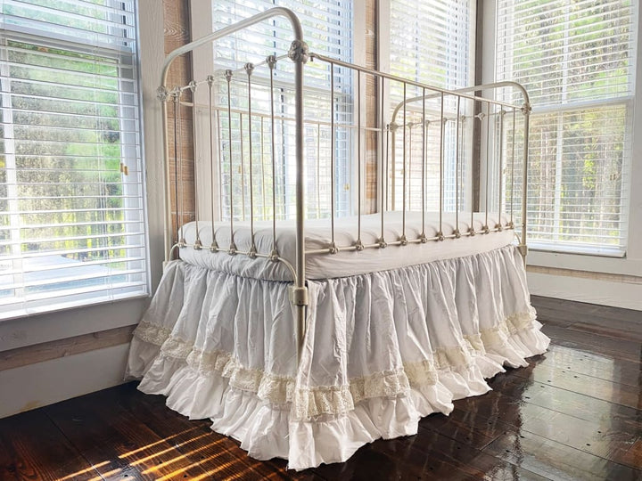 White Lace Ruffled Crib Skirt for Girl or Boy handmade heirloom nursery - High Cotton Textile