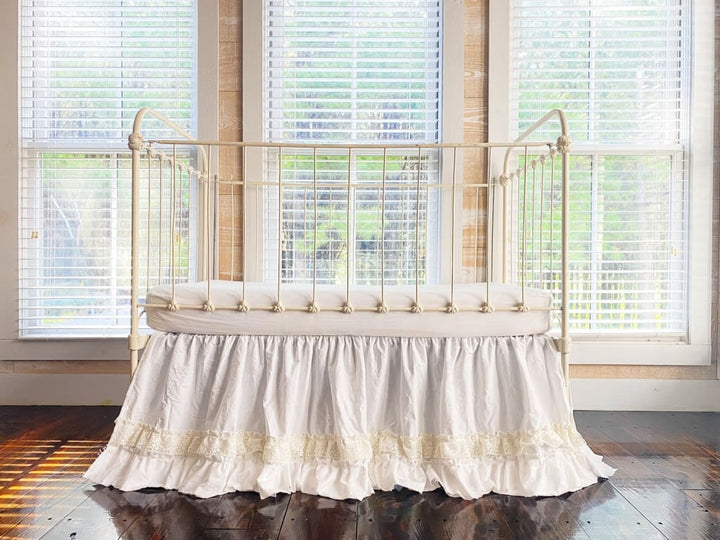 White Lace Ruffled Crib Skirt for Girl or Boy handmade heirloom nursery - High Cotton Textile
