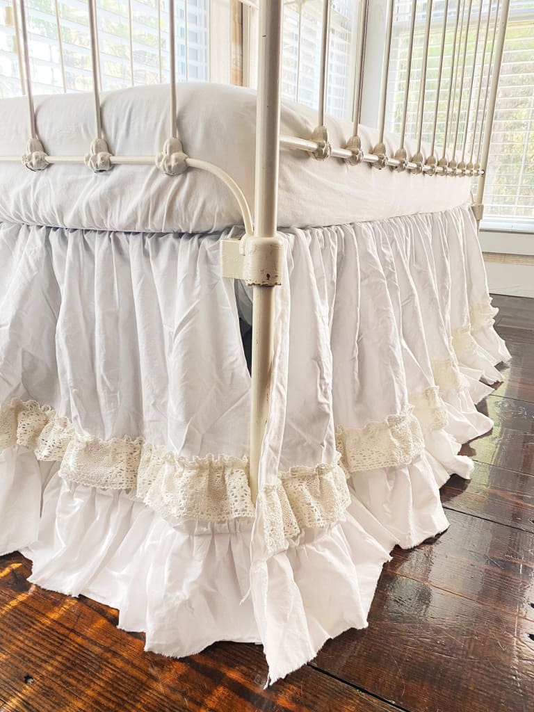 White Lace Ruffled Crib Skirt for Girl or Boy handmade heirloom nursery - High Cotton Textile