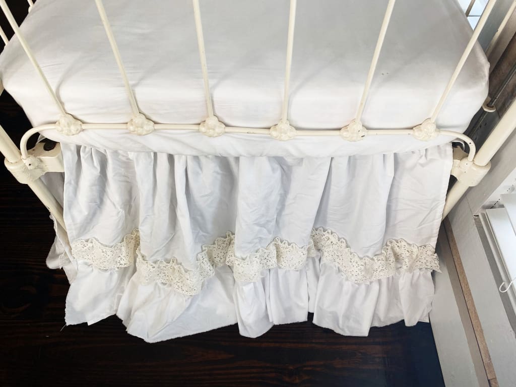White Lace Ruffled Crib Skirt for Girl or Boy handmade heirloom nursery - High Cotton Textile