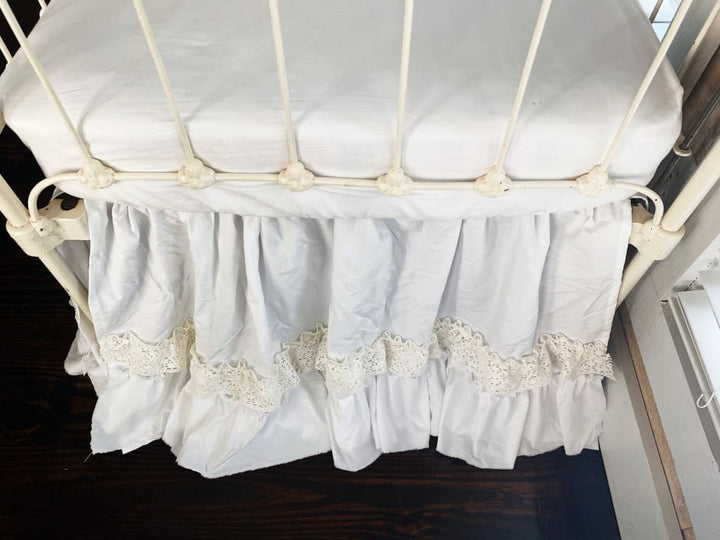 White Lace Ruffled Crib Skirt for Girl or Boy handmade heirloom nursery - High Cotton Textile
