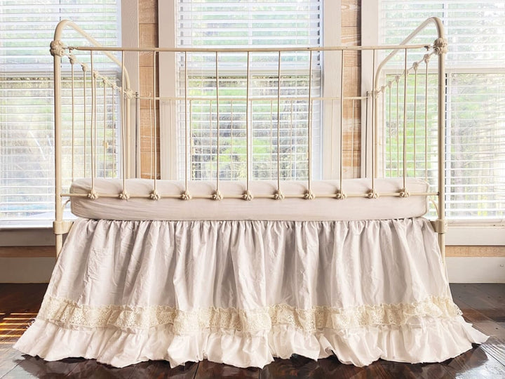 White Lace Ruffled Crib Skirt for Girl or Boy handmade heirloom nursery - High Cotton Textile
