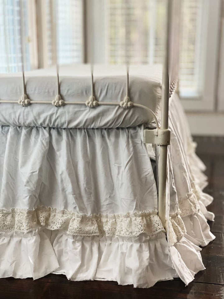 White Lace Ruffled Crib Skirt for Girl or Boy handmade heirloom nursery - High Cotton Textile