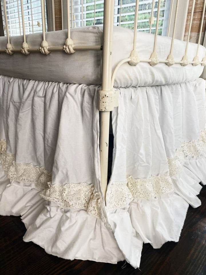 White Lace Ruffled Crib Skirt for Girl or Boy handmade heirloom nursery - High Cotton Textile