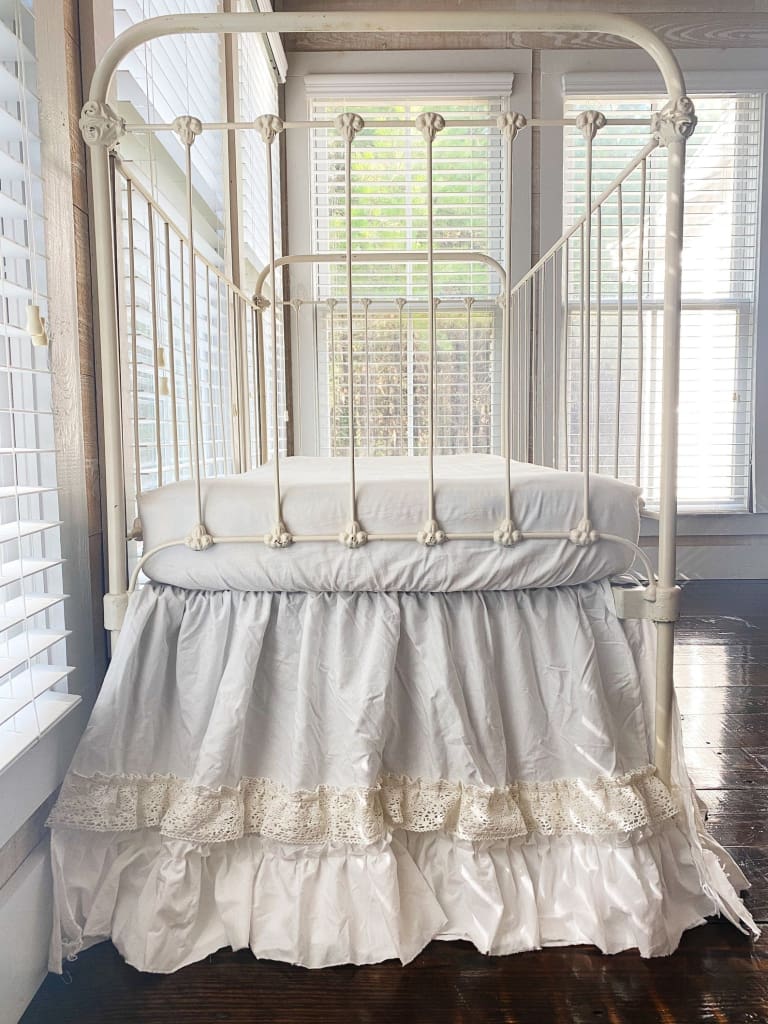 White Lace Ruffled Crib Skirt for Girl or Boy handmade heirloom nursery - High Cotton Textile