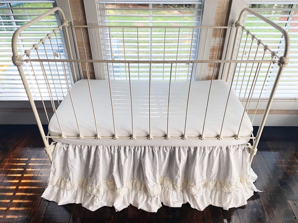 White Lace Ruffled Crib Skirt for Girl or Boy handmade heirloom nursery - High Cotton Textile
