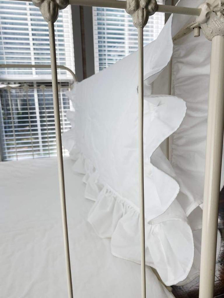 White Ruffled Baby Crib Quilt handmade heirloom nursery - High Cotton Textile