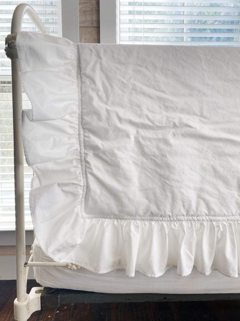 White Ruffled Baby Crib Quilt handmade heirloom nursery - High Cotton Textile