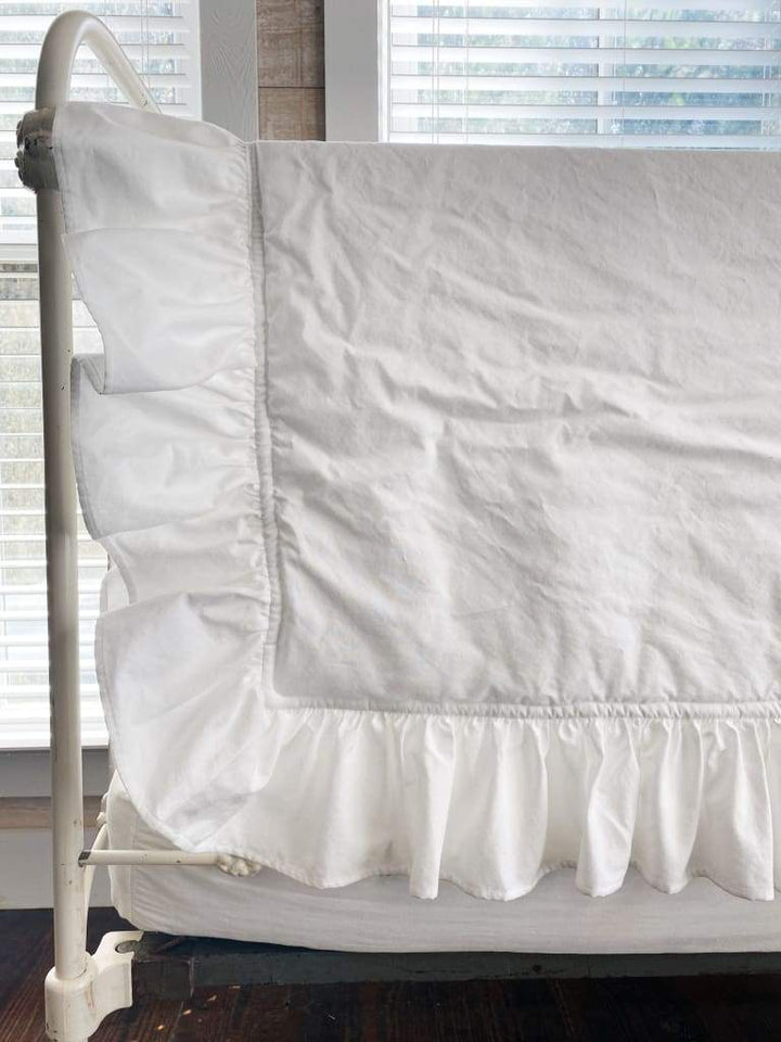 White Ruffled Baby Crib Quilt handmade heirloom nursery - High Cotton Textile