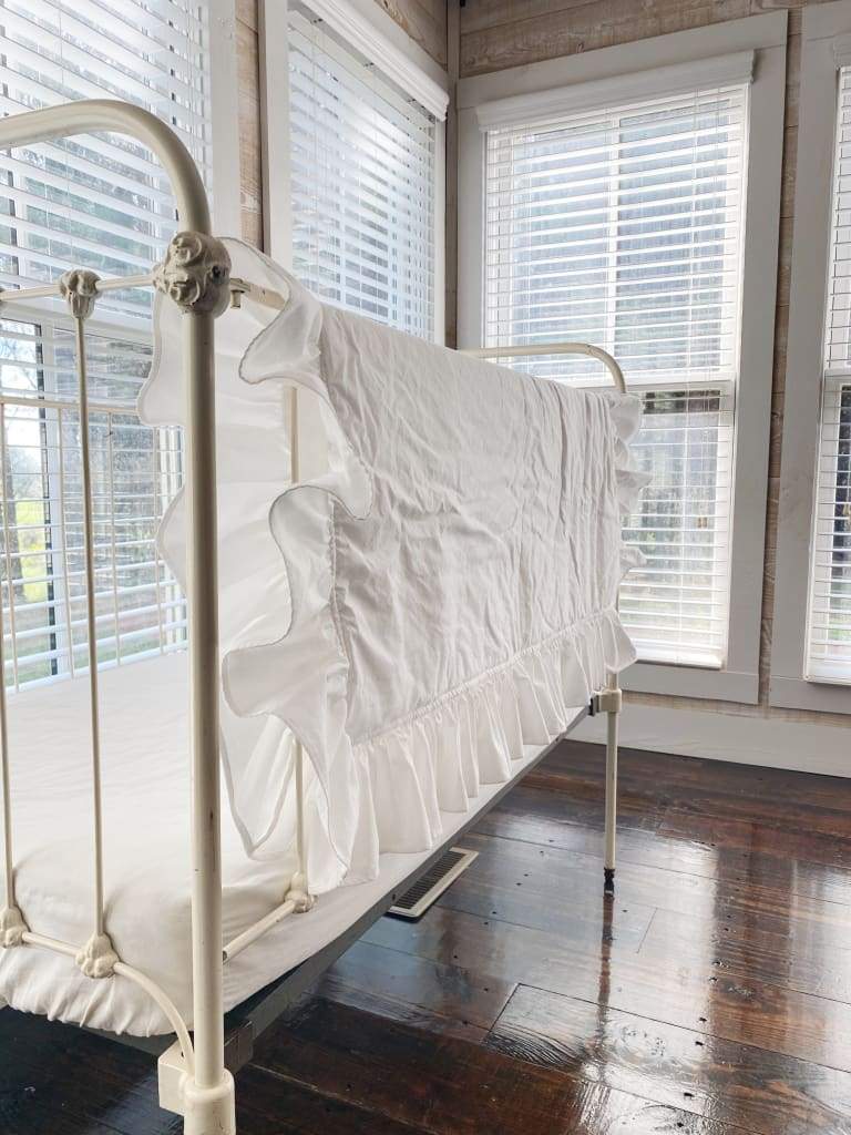 White Ruffled Baby Crib Quilt handmade heirloom nursery - High Cotton Textile