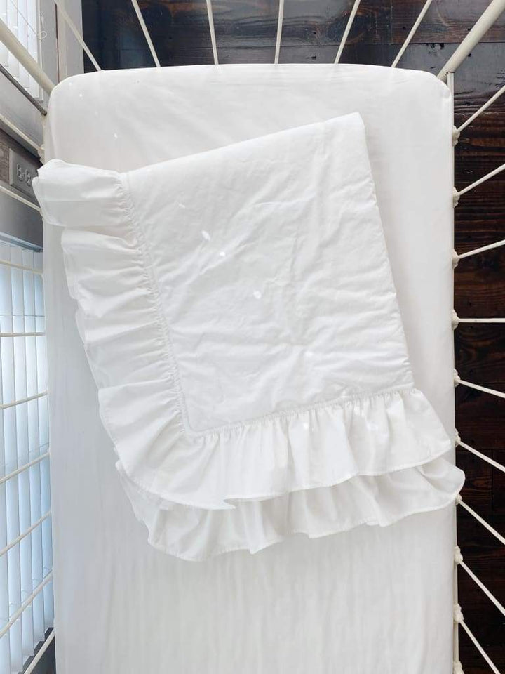White Ruffled Baby Crib Quilt handmade heirloom nursery - High Cotton Textile