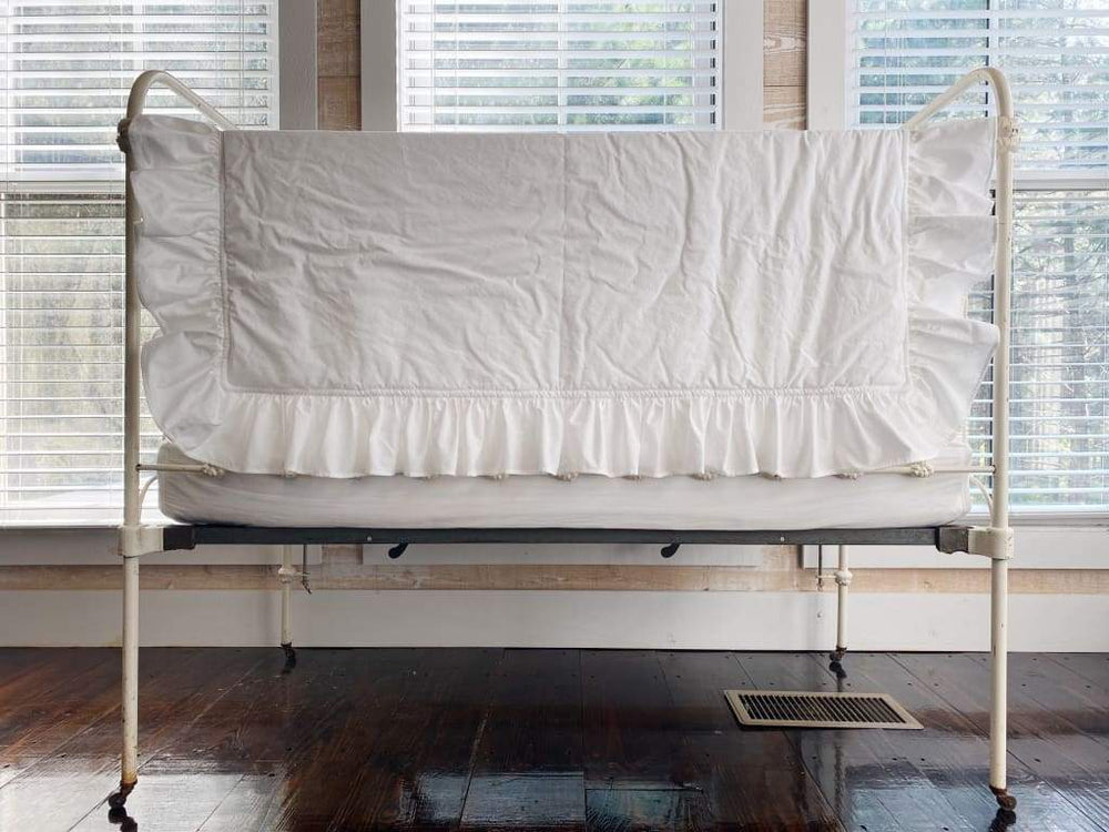 White Ruffled Baby Crib Quilt handmade heirloom nursery - High Cotton Textile