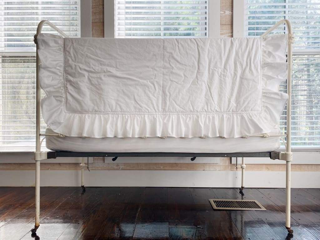 White Ruffled Baby Crib Quilt handmade heirloom nursery - High Cotton Textile