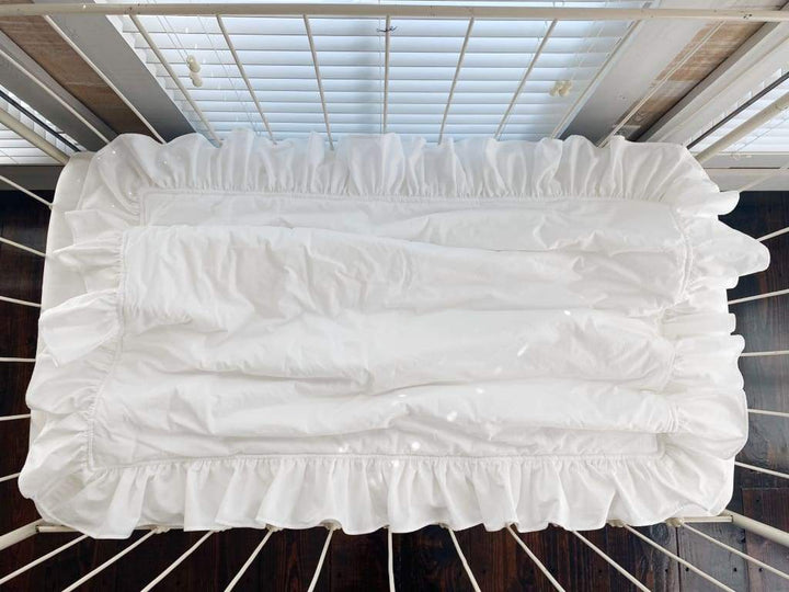 White Ruffled Baby Crib Quilt handmade heirloom nursery - High Cotton Textile