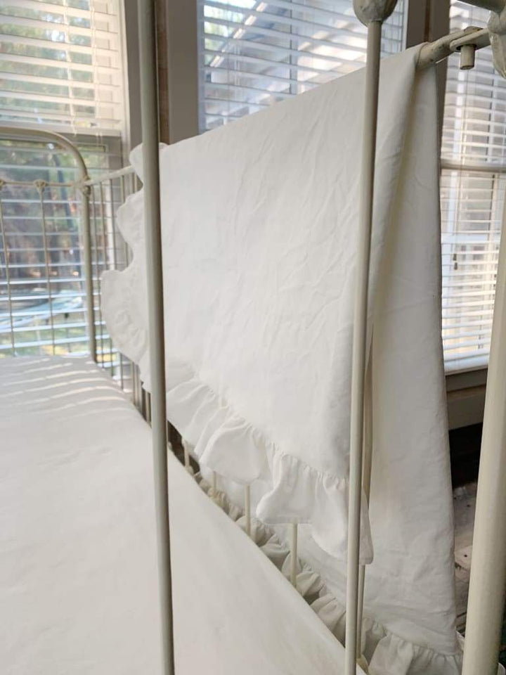 White Ruffled Crib Blanket handmade heirloom nursery - High Cotton Textile