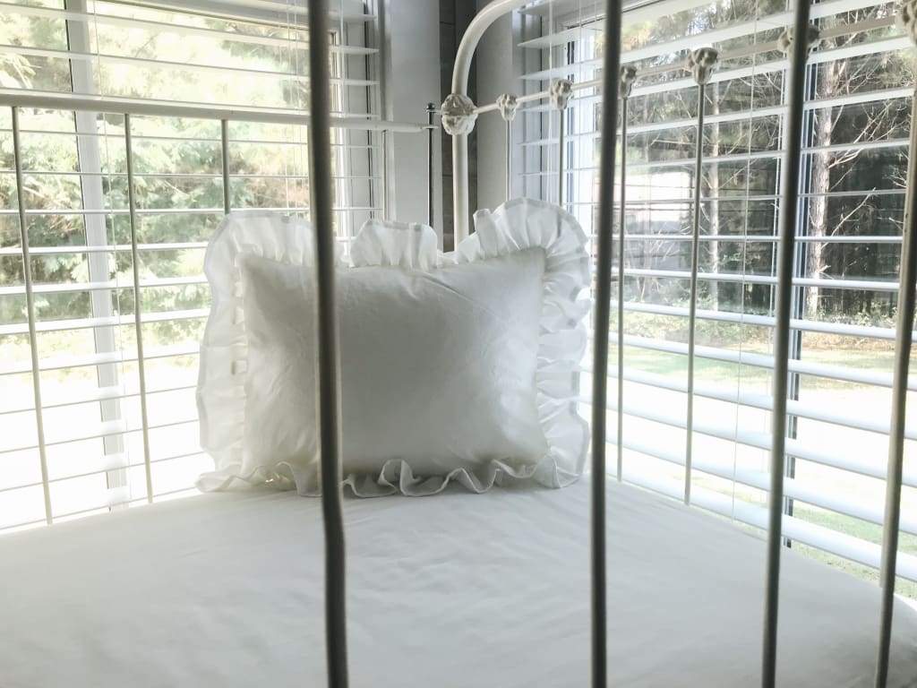White Ruffled Crib Pillow handmade heirloom nursery - High Cotton Textile