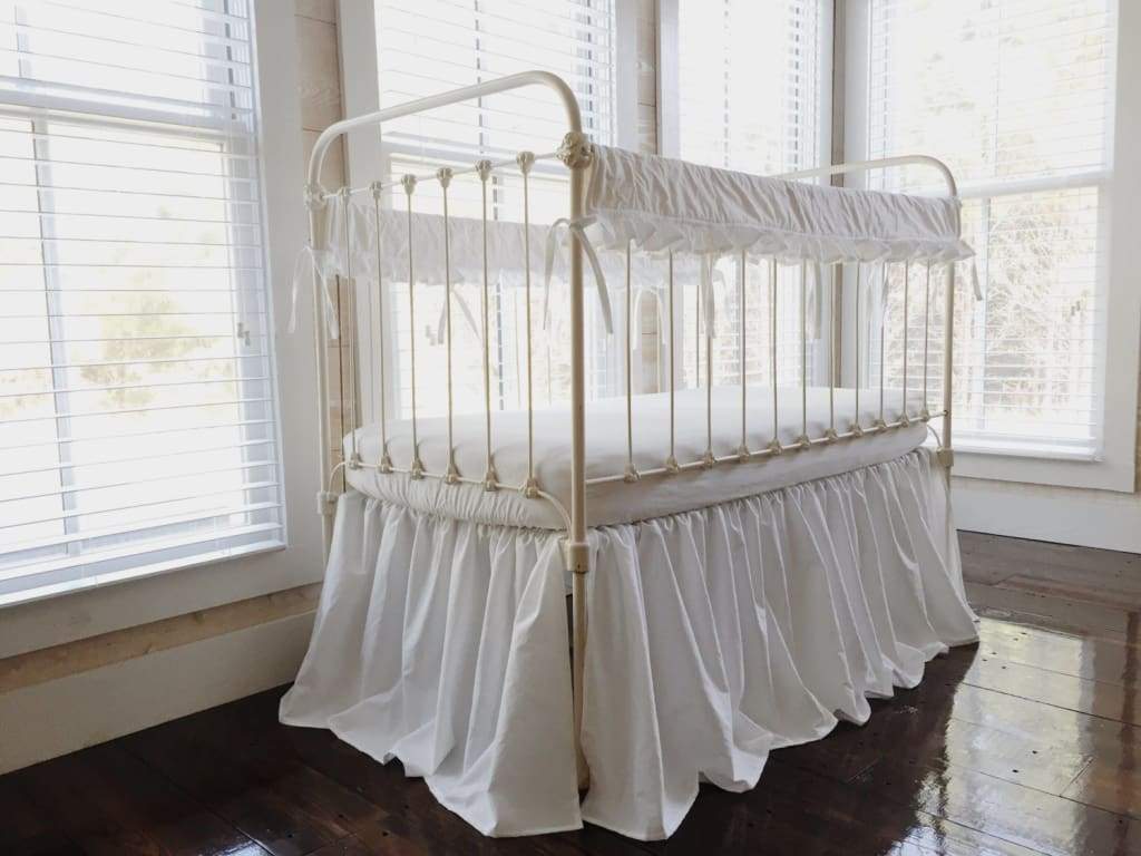 White Ruffled Crib Rail Covers and Farmhouse Crib Skirt Set handmade heirloom nursery - High Cotton Textile