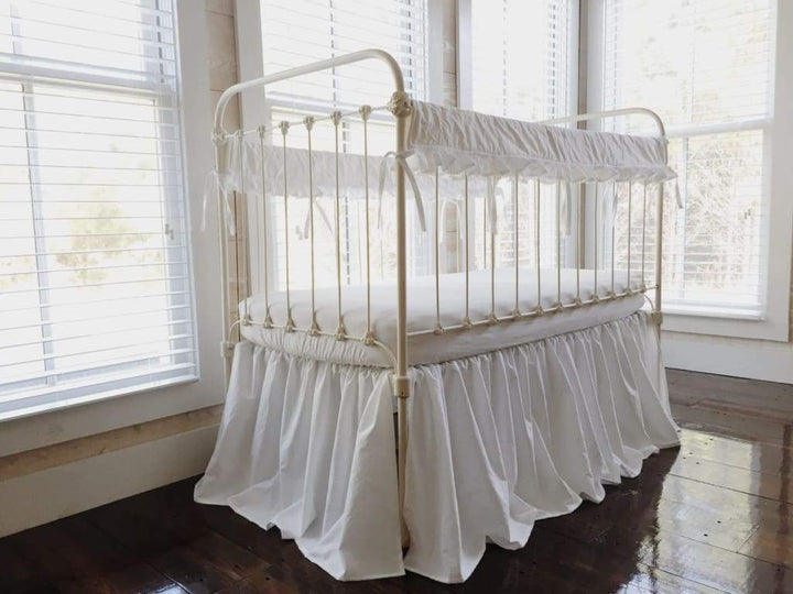 White Ruffled Crib Rail Covers and Farmhouse Crib Skirt Set handmade heirloom nursery - High Cotton Textile