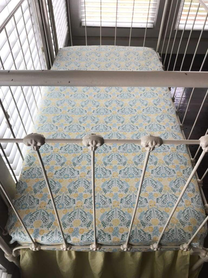 Yellow Floral Fitted Crib Sheet handmade heirloom nursery - High Cotton Textile