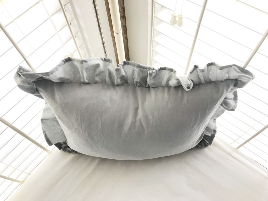 Zen Grey Ruffled Crib Pillow handmade heirloom nursery - High Cotton Textile