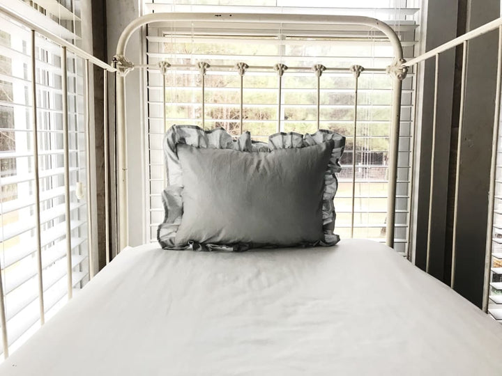 Zen Grey Ruffled Crib Pillow handmade heirloom nursery - High Cotton Textile